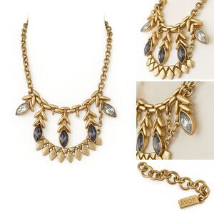 Avon Gold Tone Statement Bib Necklace Marquise Crystals Leaves Drop Collar